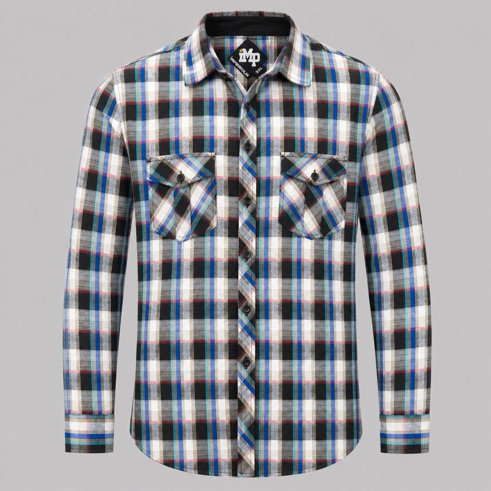 Imperious Mens 3XL Plaid Button Up Shirt Blue Gray Black Cotton Blend Casual